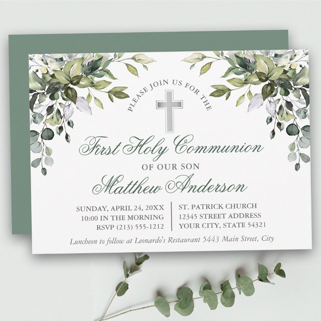 Botaniskt naturreservat Sage Grönt First Communion Inbjudningar (Customize to change text color,  size, style or to change color of back of card.)