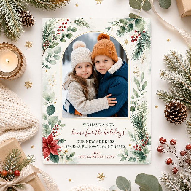 Botaniskt nytt hem för högtider Foto Flytt Julkort (Botanical New Home for Holidays Photo Moving Holiday Card)