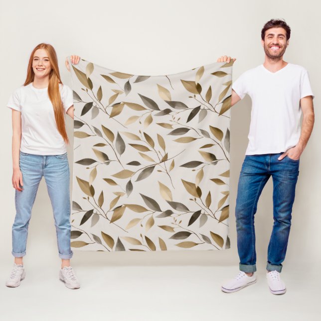 Botaniskt olivblad Beige blommönster Fleecefilt (På plats)
