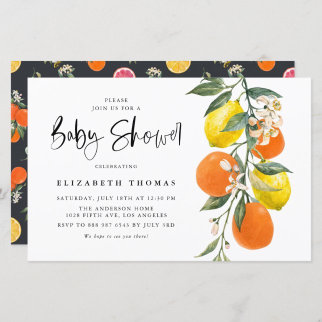 Botaniskt orange och citron baby shower-inbjudan (Fram/baksida)