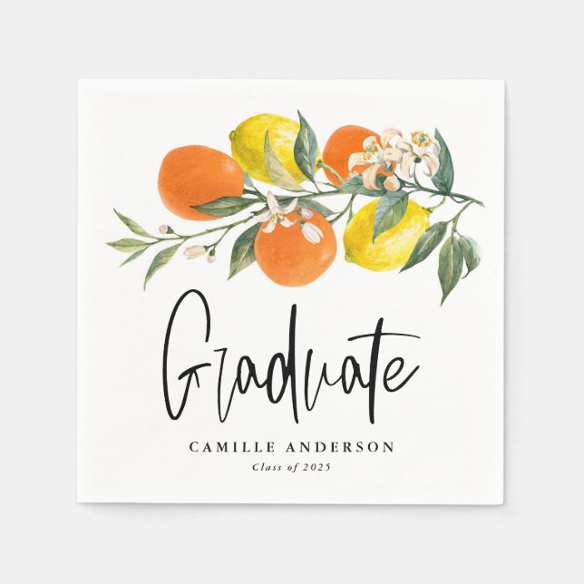 Botaniskt orange och citron-examensfirande pappersservett (Framsidan)