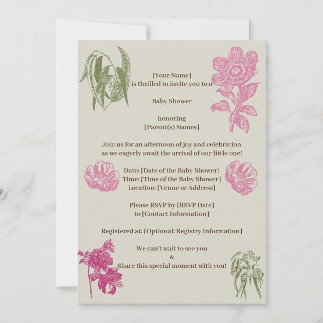 Botaniskt peony Eucalyptus Girl Baby Shower Inbjudningar (Framsida)