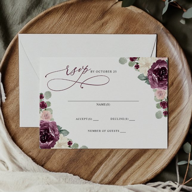 Botaniskt plommon, guldblommiga bröllopsblommor, R Vykort (Elegant Modern Botanical Plum Floral Wedding RSVP Card)