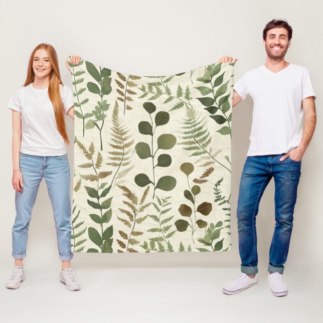 Botaniskt Pressade Löv Mönster – Ferntryck Fleecefilt (På plats)
