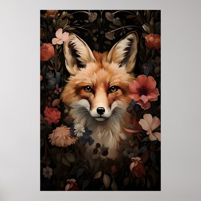 Botaniskt rävtryck, Mörk akademisk blomkonst Poster (Framsidan)