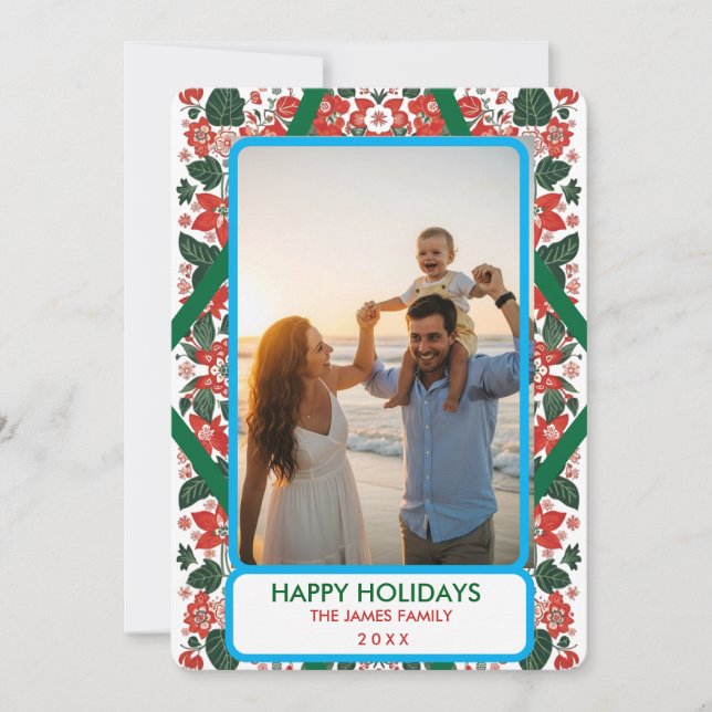 Botaniskt rödspel & Grönt Folk Art Blommigt jul Julkort (Framsida)