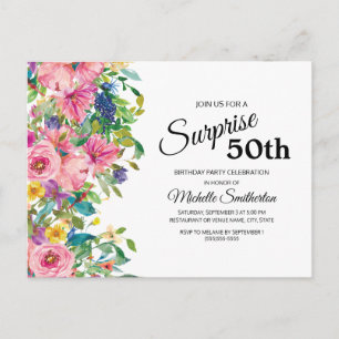 Botaniskt Rosa Blått Akvarell Blommig 50-årsdag Vykort