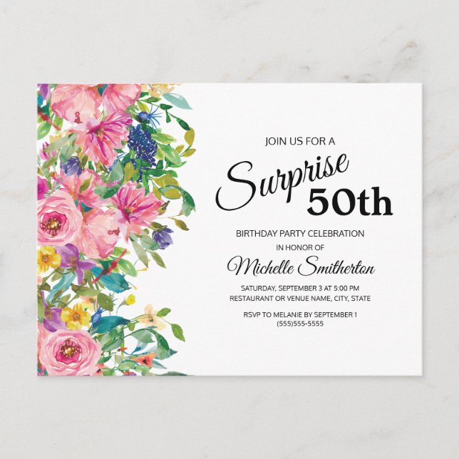Botaniskt Rosa Blått Akvarell Blommig 50-årsdag Vykort (Framsida)