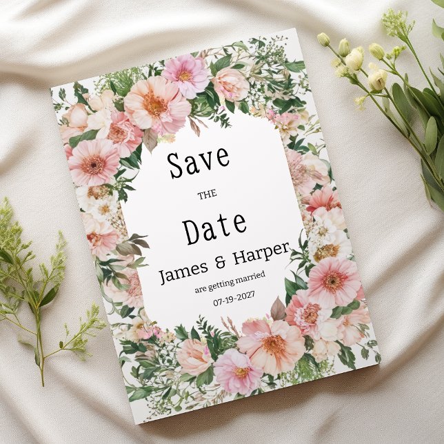 Botaniskt rosa blommande sommarblomma Save the Dat Inbjudningar (Botanic pink blossom summer floral Save the Date)