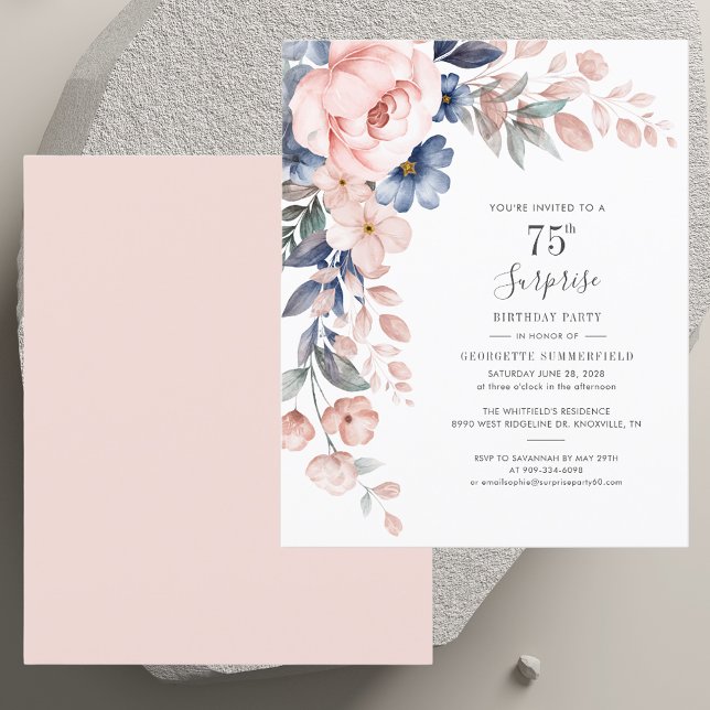 Botaniskt rosa blommig 75-års födelsedagsinbjudan (Botanical Pink Floral 75th Birthday Invitation)