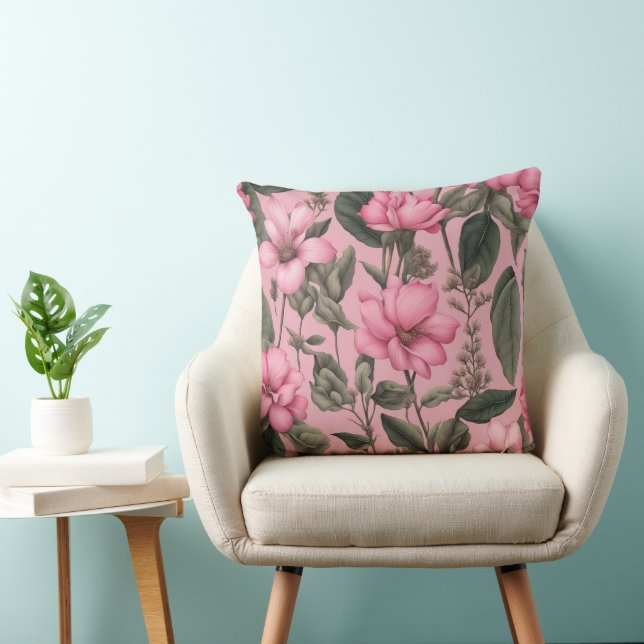 Botaniskt rosa blommönster kudde (Stol)