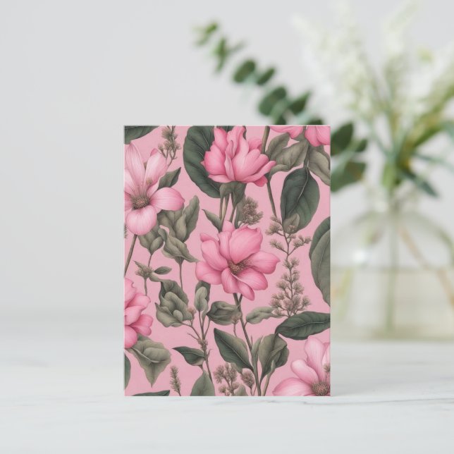 Botaniskt rosa blommönster vykort (Stående Fram)