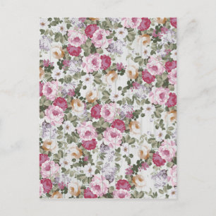 Botaniskt rosa blommor vintage, vitt trä vykort