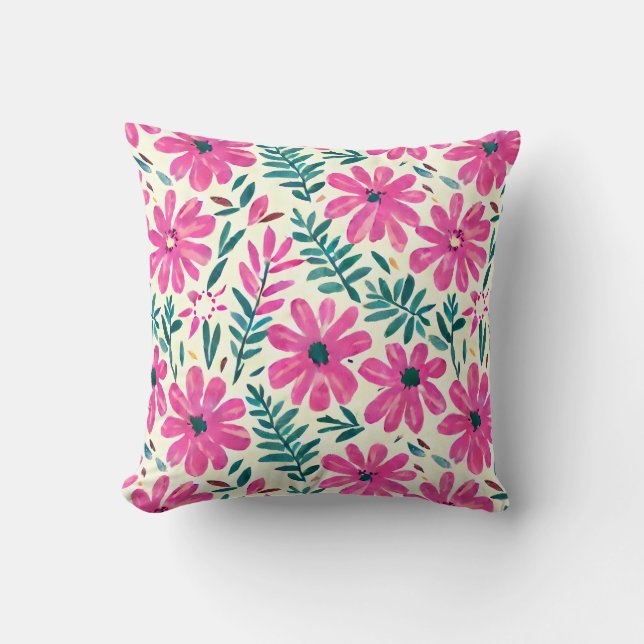 Botaniskt Rosa Daisy Watercolor Mönster Kudde (Framsida)