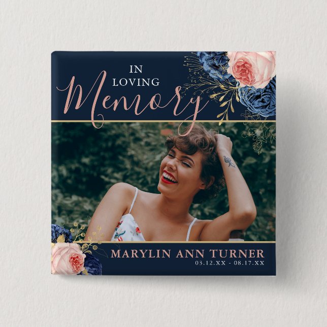 Botaniskt rosa & marinblå blommor Elegant minneshö Knapp (Framsida)