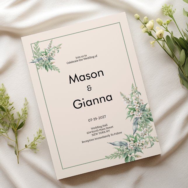 Botaniskt rosa mint elfenbensblommig Bröllop Inbjudningar (Botanical pink mint ivory floral Wedding )