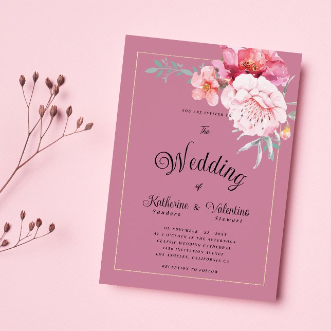 Botaniskt rosa myntskript blommigt bröllop inbjudningar (Botanical pink mint formal script floral wedding )