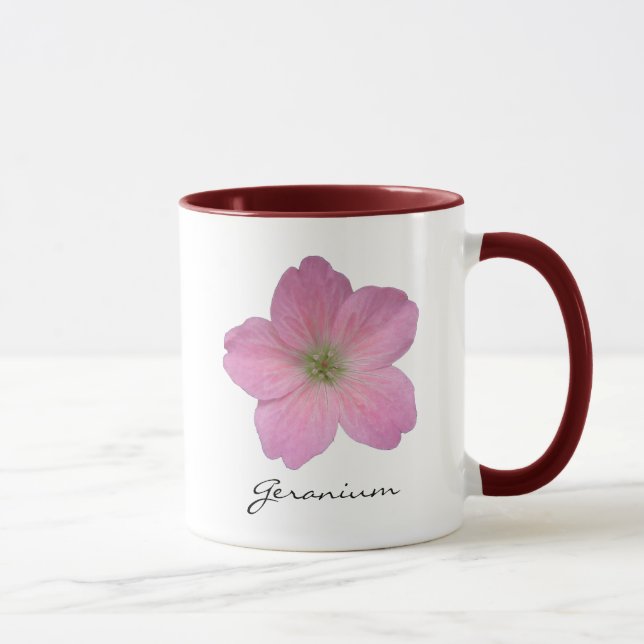 Botaniskt rosa pelargonblommafoto med namn mugg (Höger)