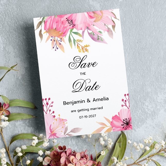 Botaniskt rosa, vattenfärgblommor Spara datum Inbjudningar (Botanic pink watercolor flowers Save the Date)