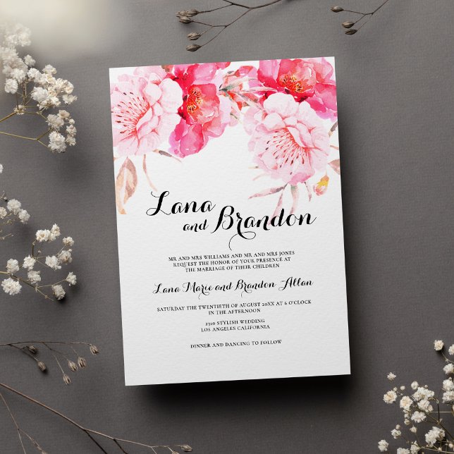 Botaniskt rosa, vitt klassiskt skript blommigt brö inbjudningar (Botanical pink white classic script floral wedding)