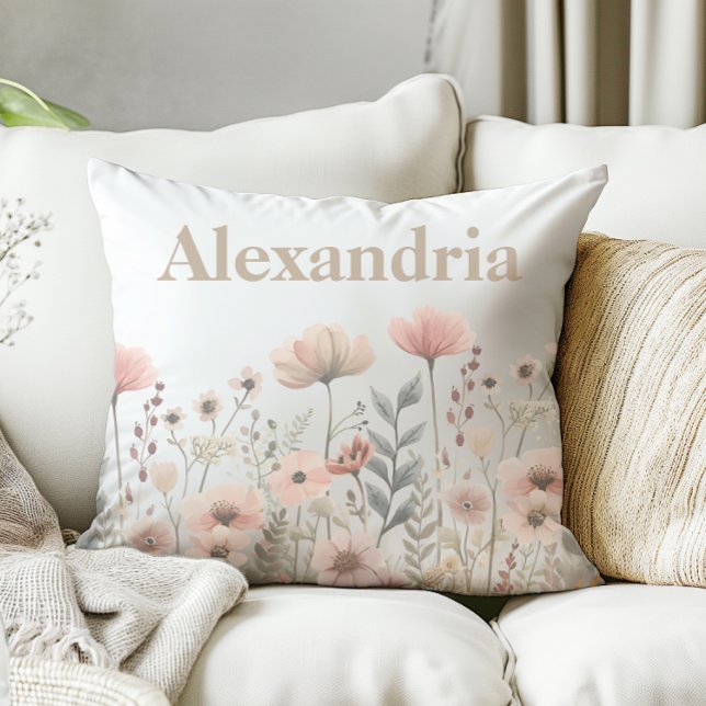 Botaniskt Rosa Watercolor Wildblommor Kudde (pretty watercolor wildflower pillow)