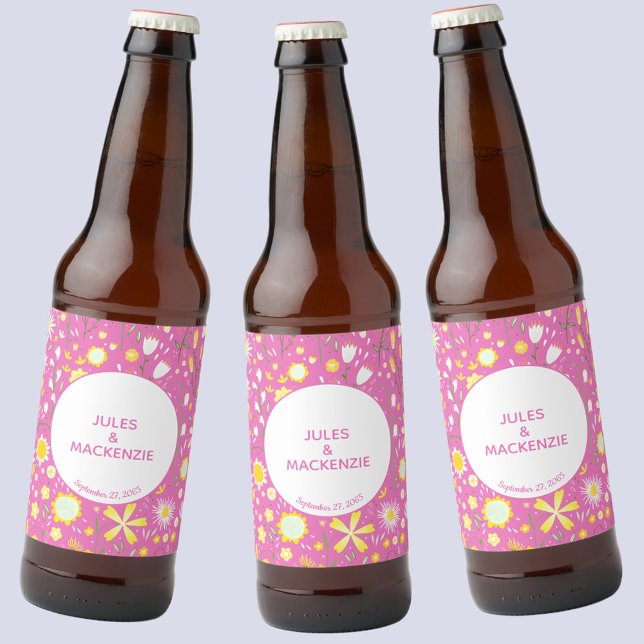 Botaniskt Rosa Wildblomme Blommönster Bröllop Ölflaska Etikett (Pink floral wedding personalized beer bottle labels)