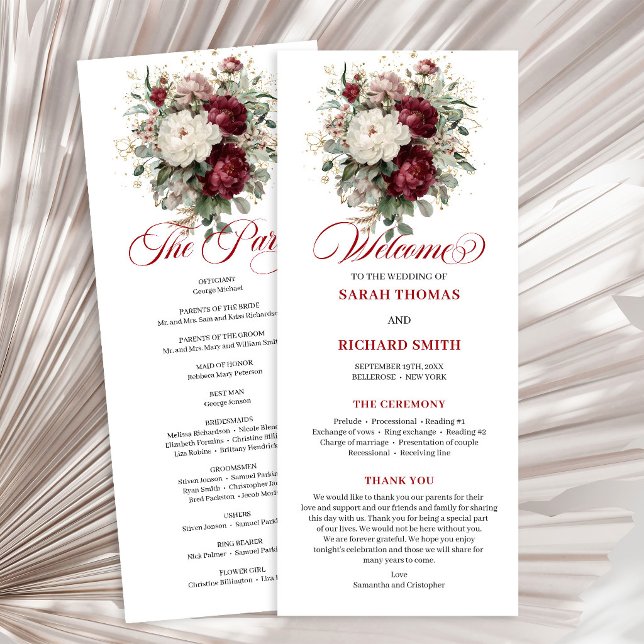 Botaniskt rosafärgad burgundergrönska bröllopsprog program (Botanical Blush Burgundy Greenery Wedding Program)
