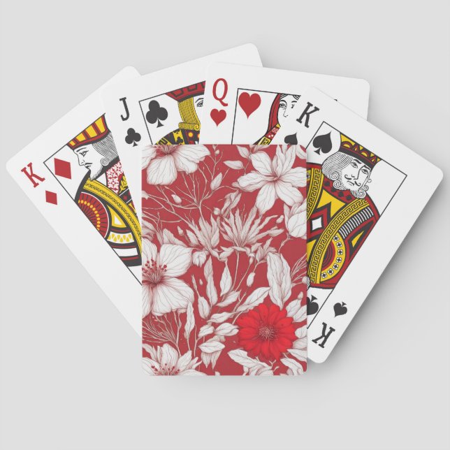 Botaniskt rött och vitt blommönster casinokort (Baksidan)