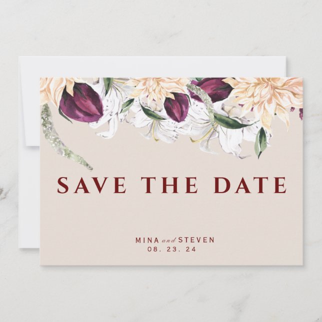 botaniskt rött och vitt blomsterarrangemang bröllo spara datumet (Framsida)