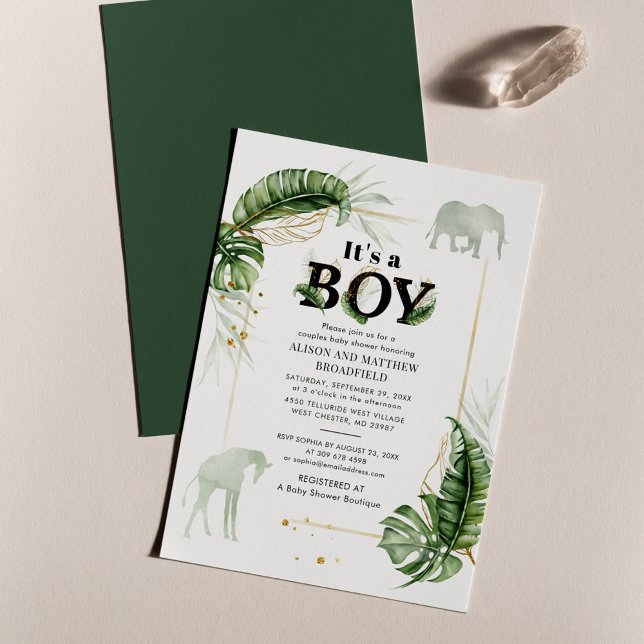 Botaniskt safari Elephant Giraffe Baby Shower Inbjudningar (Jungle Safari Animals Couples Boy Baby Shower Invitation)