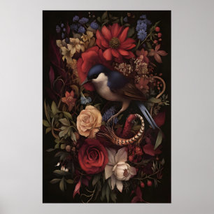 Botaniskt sångfågel Botanisk Fågel Väggkonst, Mörk Poster