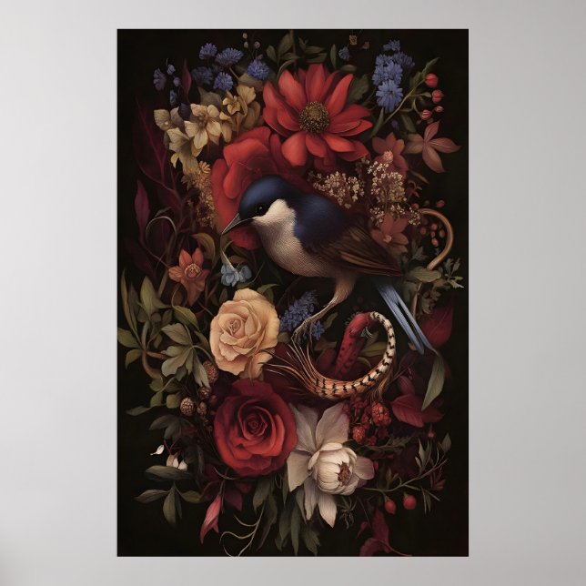 Botaniskt sångfågel Botanisk Fågel Väggkonst, Mörk Poster (Framsidan)