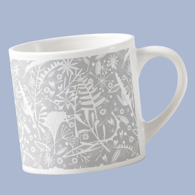 Botaniskt Silver Grått Blommigt Espresso Kopp Espressomugg (Botanical leaf and flower pattern modern espresso cup)