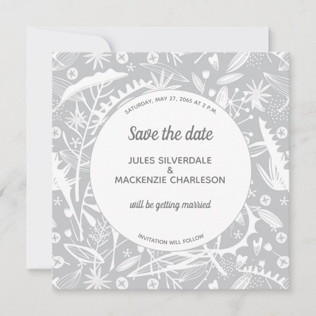 Botaniskt Silver Grått Mönster Spara datum Inbjudningar (Framsida)