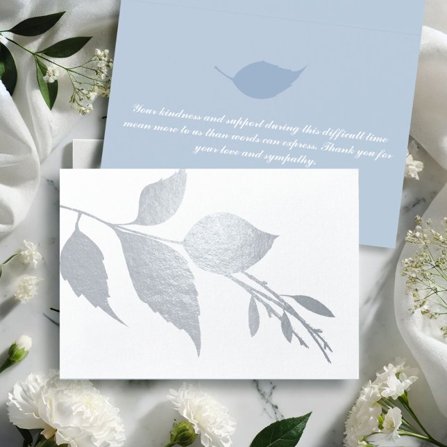 Botaniskt sjukligt tack folierat kort (Funeral thank you cards silver foil leaves personalized inside.)