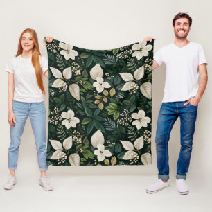 Botaniskt skogsblad Vitt blommönster Fleecefilt