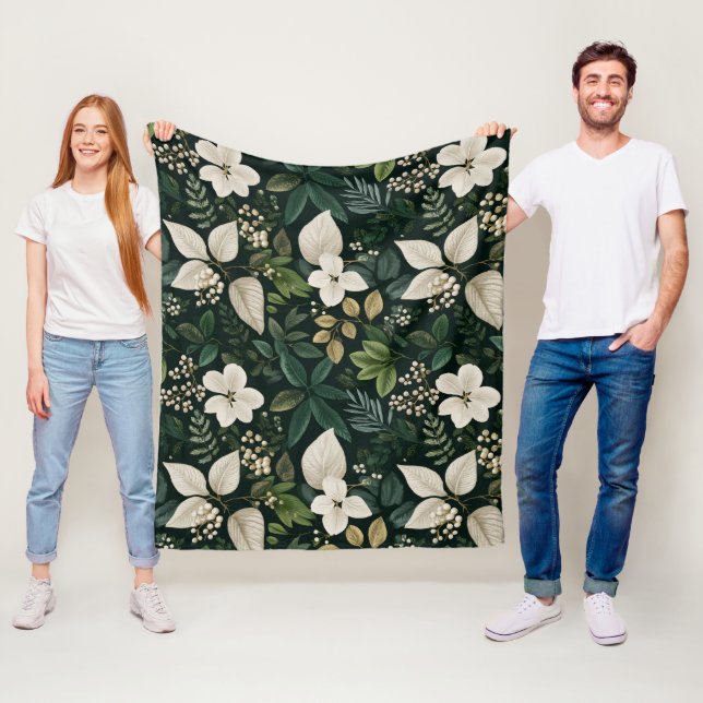 Botaniskt skogsblad Vitt blommönster Fleecefilt (På plats)