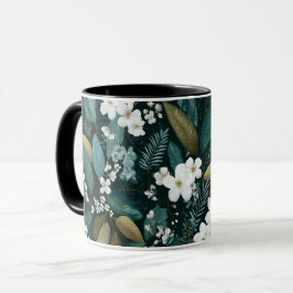 Botaniskt skogsblad Vitt blommönster Mugg
