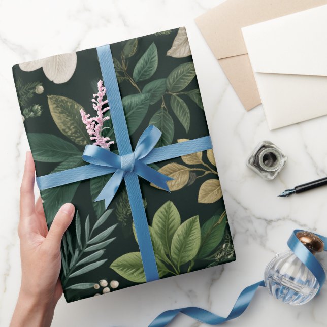 Botaniskt skogsblad Vitt blommönster Presentpapper (Gifting)