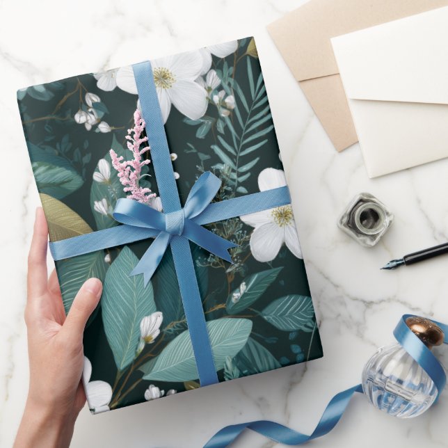 Botaniskt skogsblad Vitt blommönster Presentpapper (Gifting)