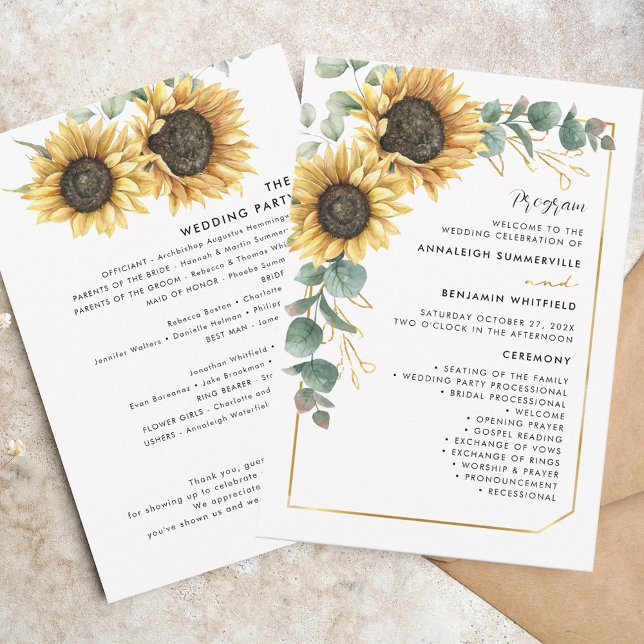 Botaniskt solrosgrönt Bröllopsprogram (Sunflower Floral Rustic Nature Wedding Ceremny Program)