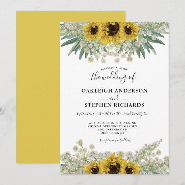 Botaniskt solrossolrosfärgat Bröllop Inbjudningar (Fram/baksida)