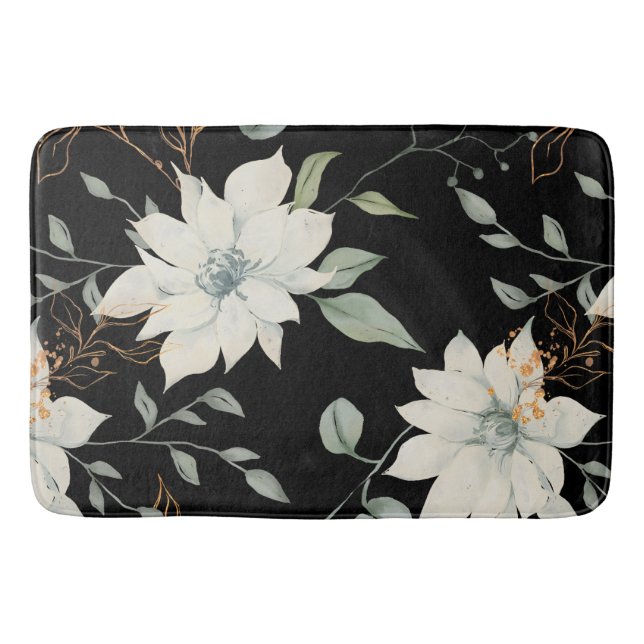 Botaniskt svart bakgrund i klassisk vit Blommigt Badrumsmatta (Framsidan)