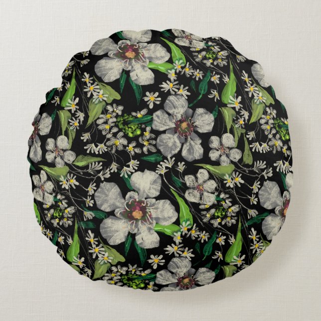 Botaniskt trädgård - Blommönstret Vintage Rund Kudde (Framsidan)