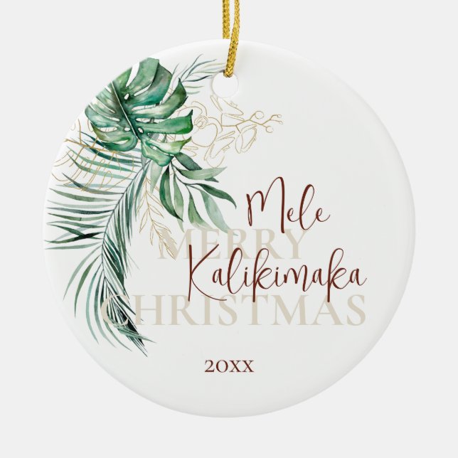 Botaniskt Tropical Mele Kalikimaka | Familjefoto Julgransprydnad Keramik (Framsidan)
