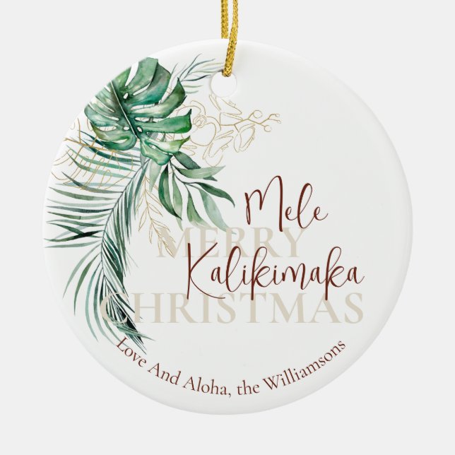 Botaniskt Tropical Mele Kalikimaka | Familjefoto Julgransprydnad Keramik (Framsidan)