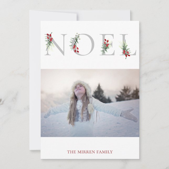 Botaniskt utsmyckat NOEL Platt Högtidlig Fotokort Julkort (Framsida)
