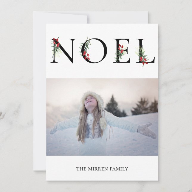 Botaniskt utsmyckat NOEL Platt Högtidlig Fotokort Julkort (Framsida)