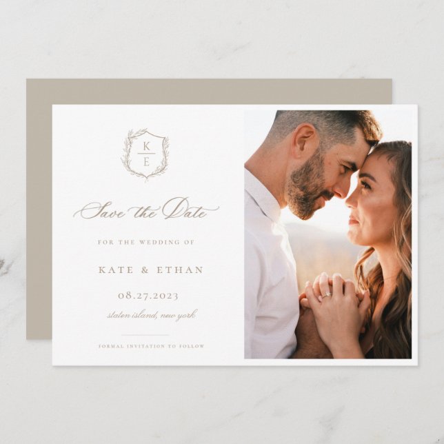 Botaniskt Vapensköld Monogram Bröllop Photo Spara Datumet (Fram/baksida)