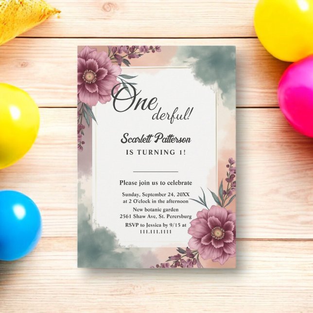 Botaniskt vattenbruk Blommigt 1:a födelsedag Inbjudningar (Skapare uppladdad)